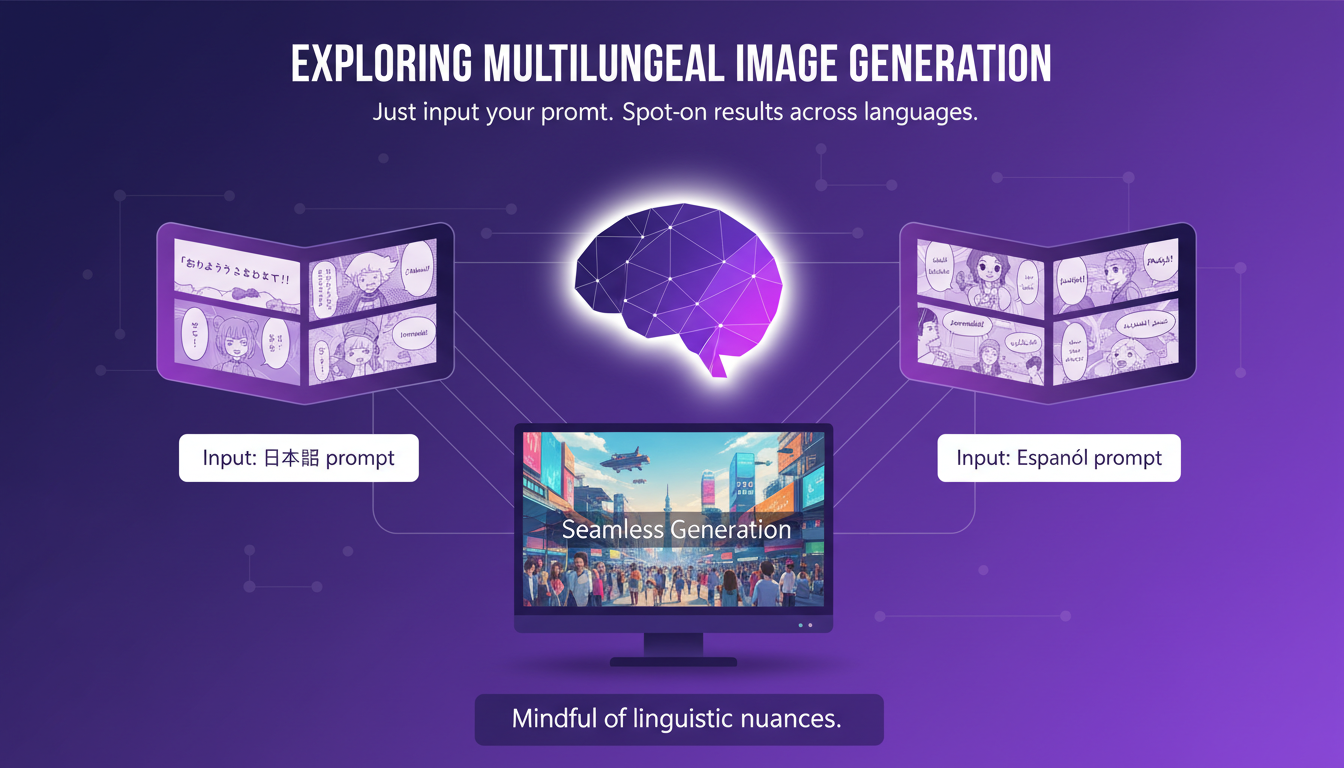 Illustration moderne sur la génération d'images multilingues avec formes géométriques et dégradés indigo et violet.