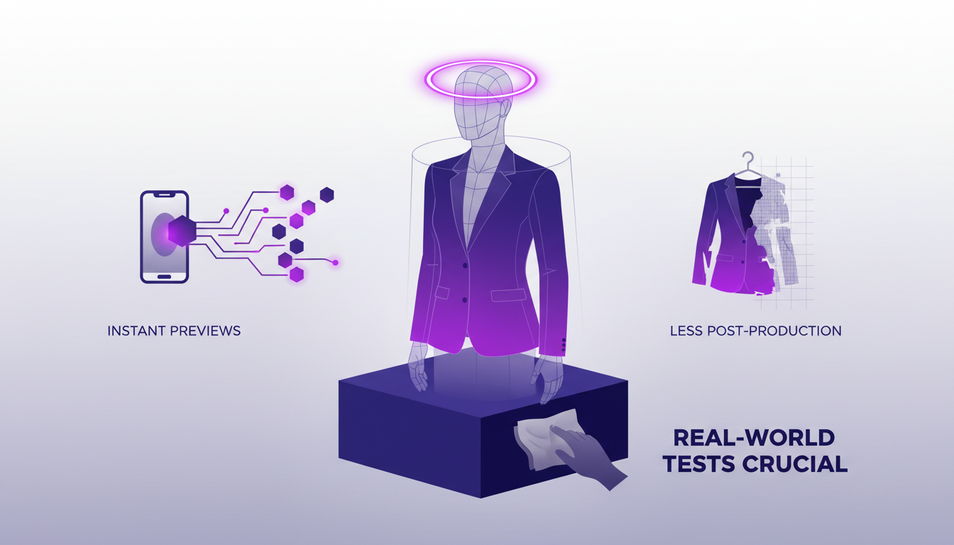 Illustration moderne et minimaliste de l'essayage virtuel avec sorties visuelles détaillées, utilisant des formes géométriques et des dégradés violets.