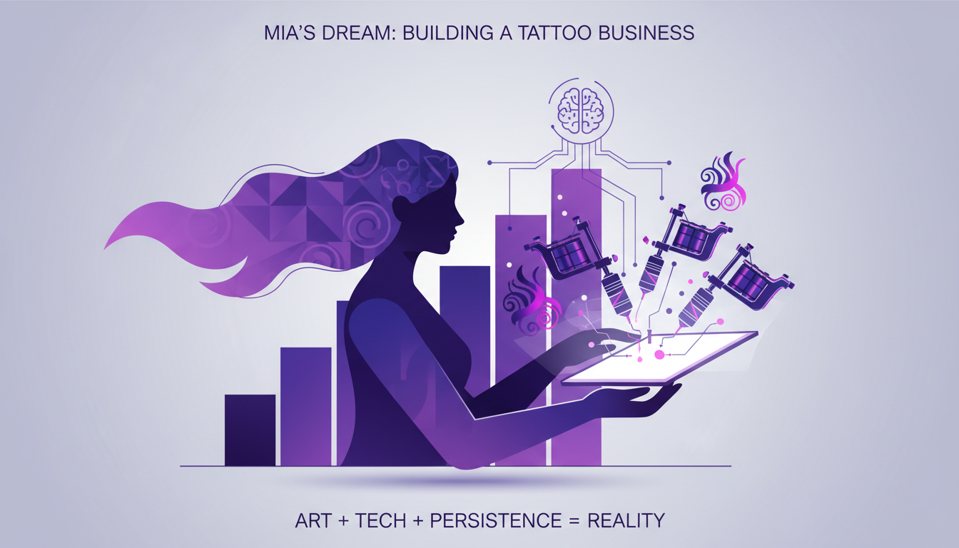 Modern illustration of Mia building her tattoo business, blending artistic passion and entrepreneurship, featuring geometric shapes and gradients.
