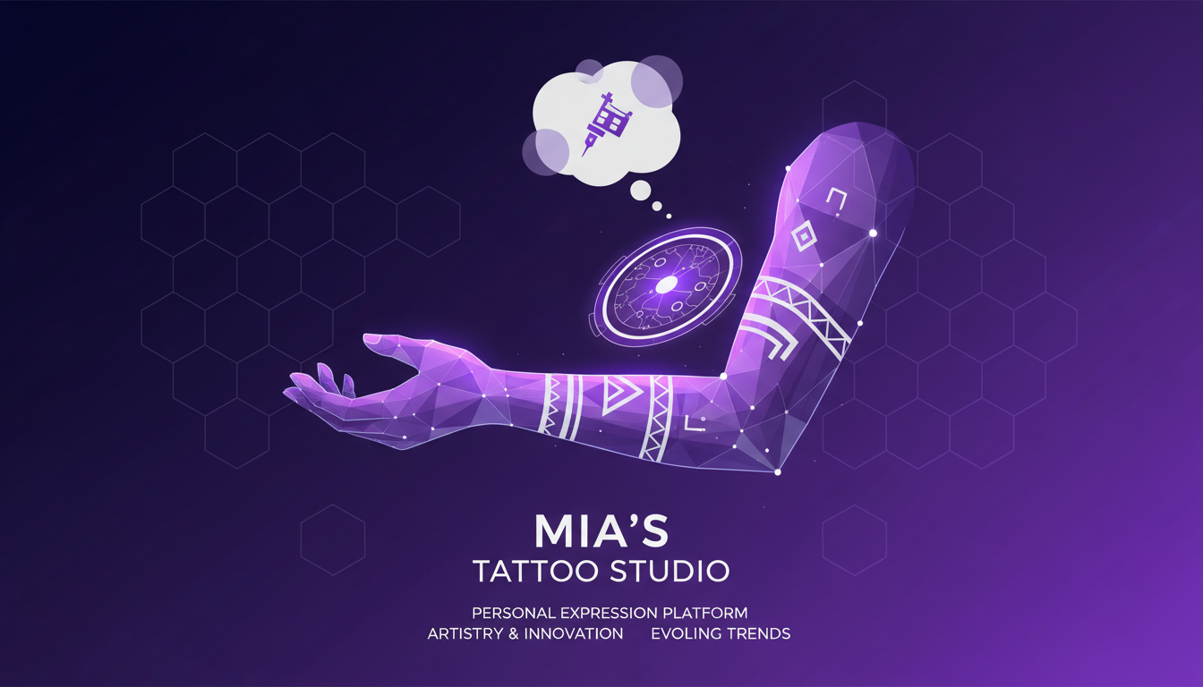 Modern illustration of tattoo culture, personal expression, geometric shapes, clean lines, indigo and violet gradients.