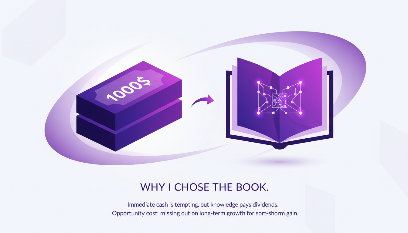 Modern minimalist illustration contrasting the initial offer: $1,000 cash vs. a book, highlighting the value of knowledge.