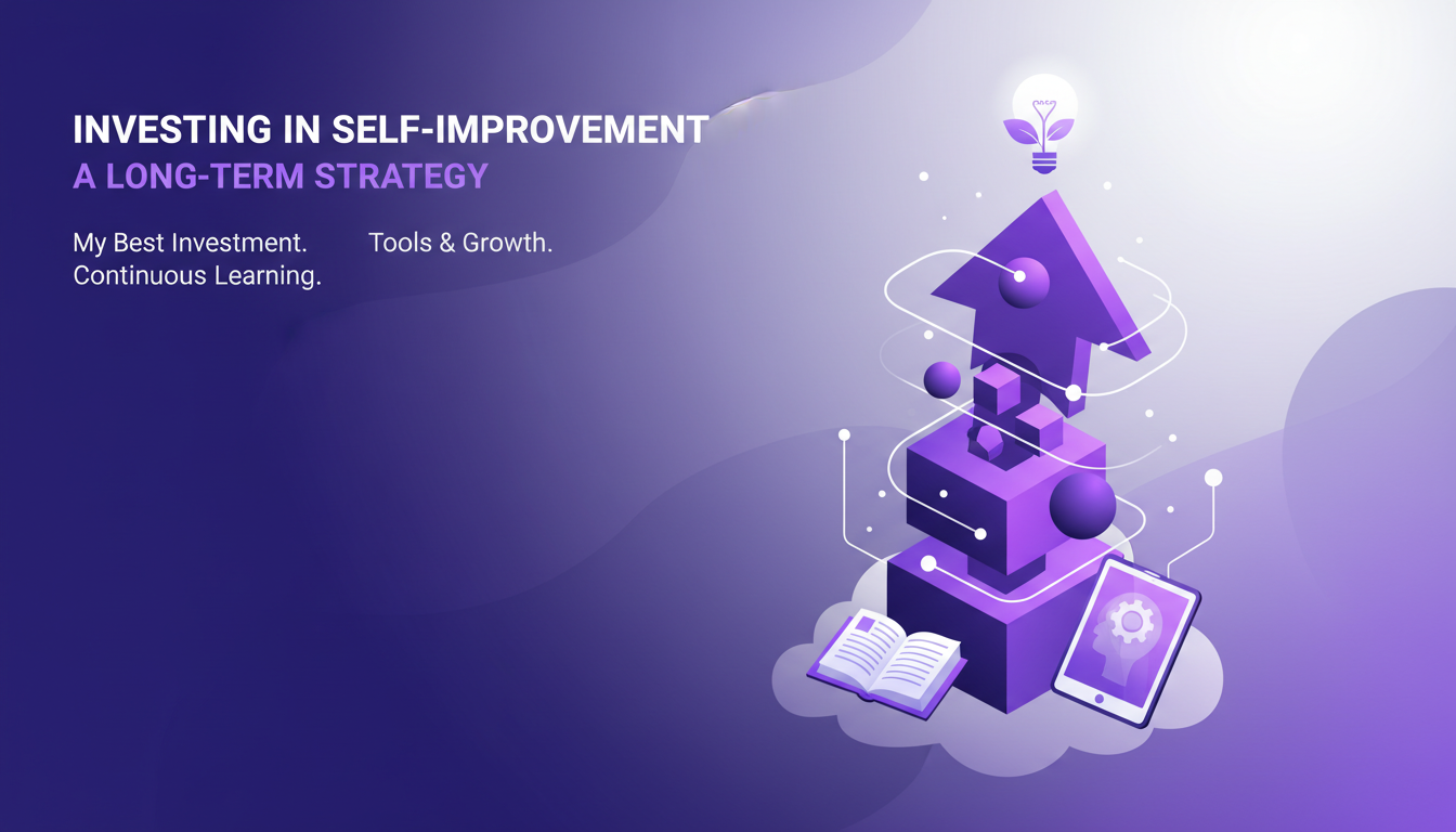 Modern illustration of investing in self-improvement with geometric shapes and indigo, violet gradients, symbolizing growth and learning.