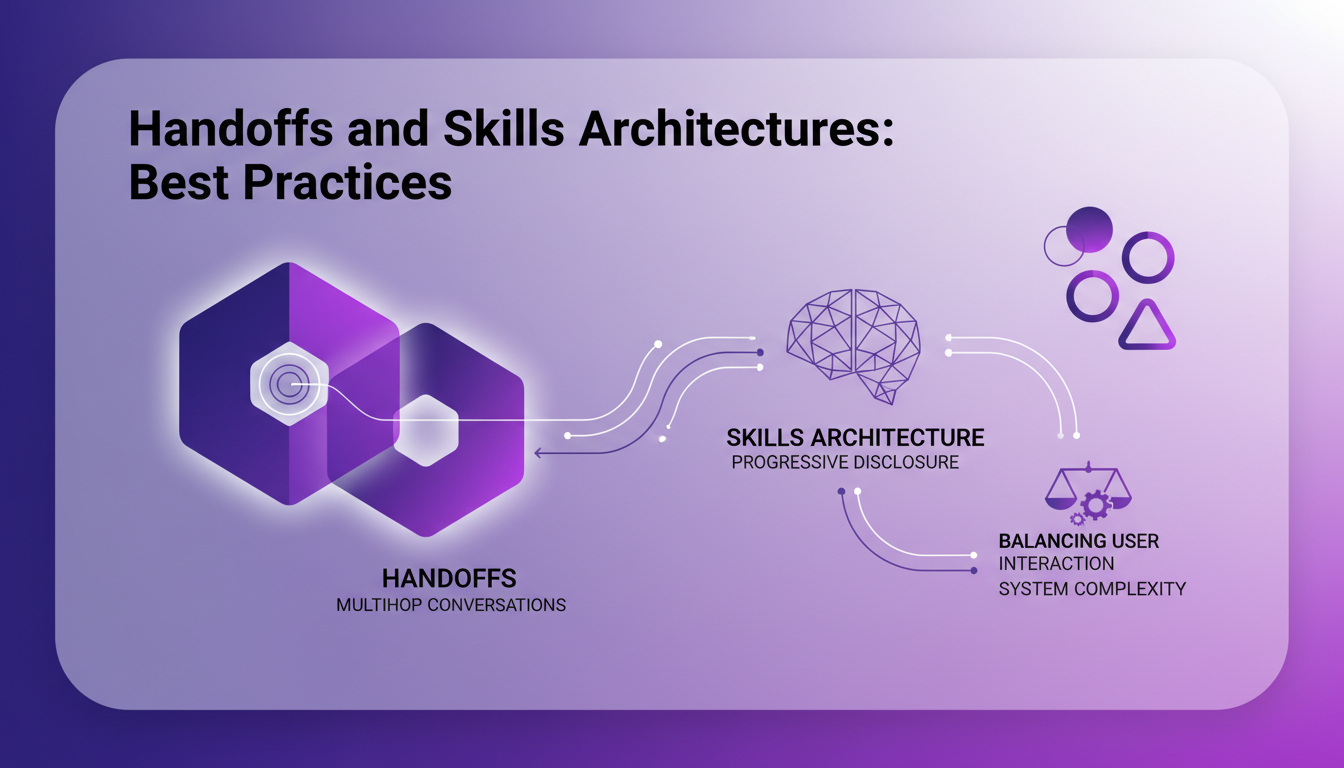 Modern illustration of skills architecture and handoffs in AI, featuring geometric shapes and indigo-violet gradients, professional and innovative.
