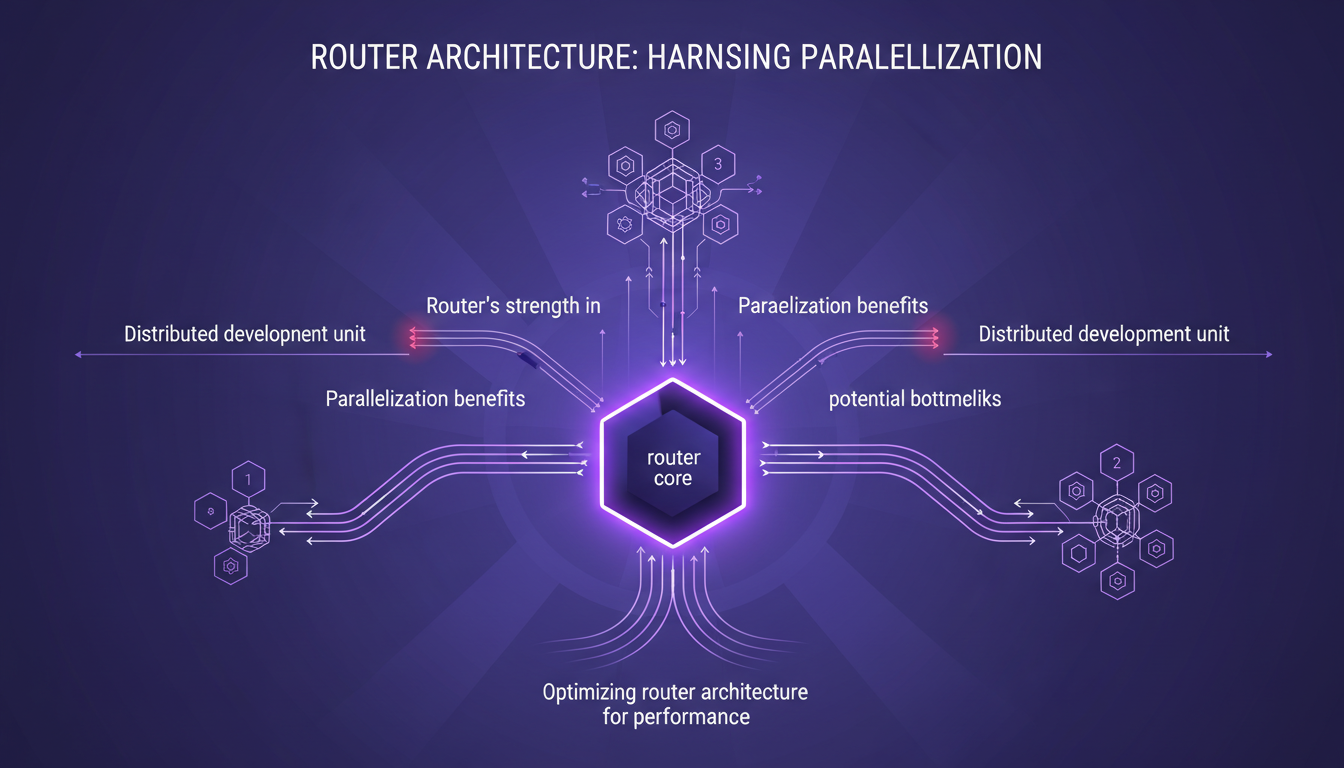 Modern illustration of router architecture leveraging parallelization, featuring geometric shapes and violet gradients.