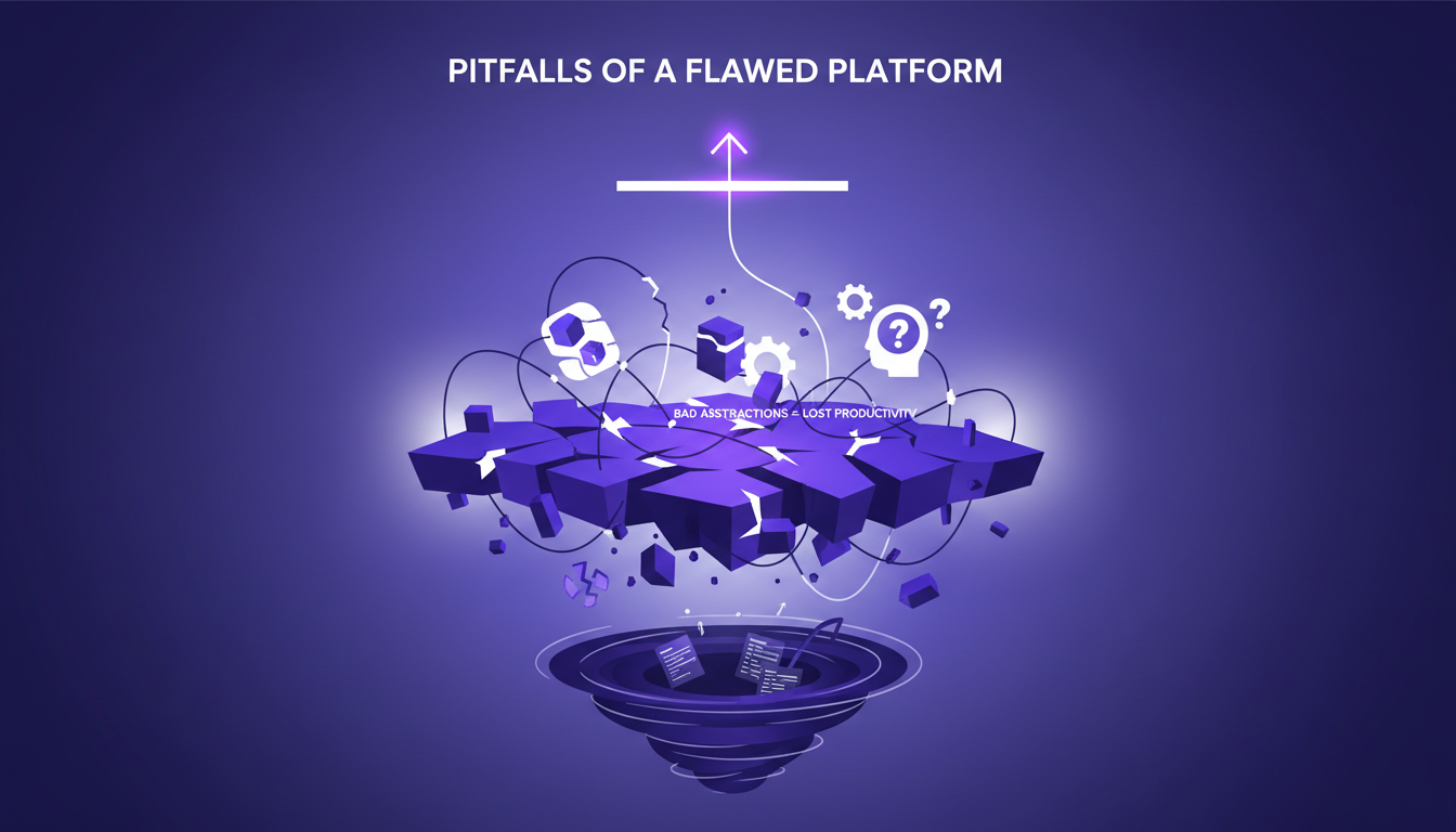 Modern illustration of challenges with poorly designed platforms, featuring geometric shapes and indigo, violet gradients.