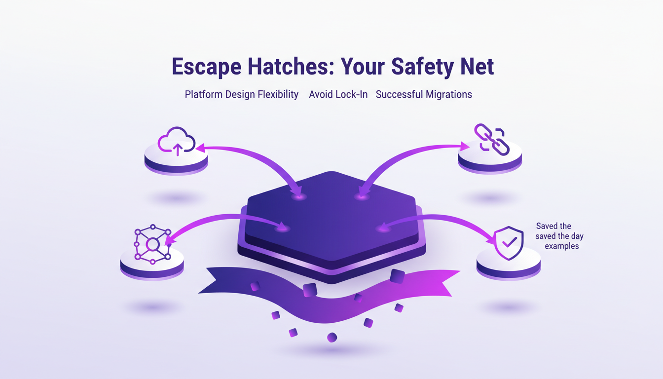 Modern illustration of escape hatches in platform design, highlighting their role in flexibility and avoiding lock-in.