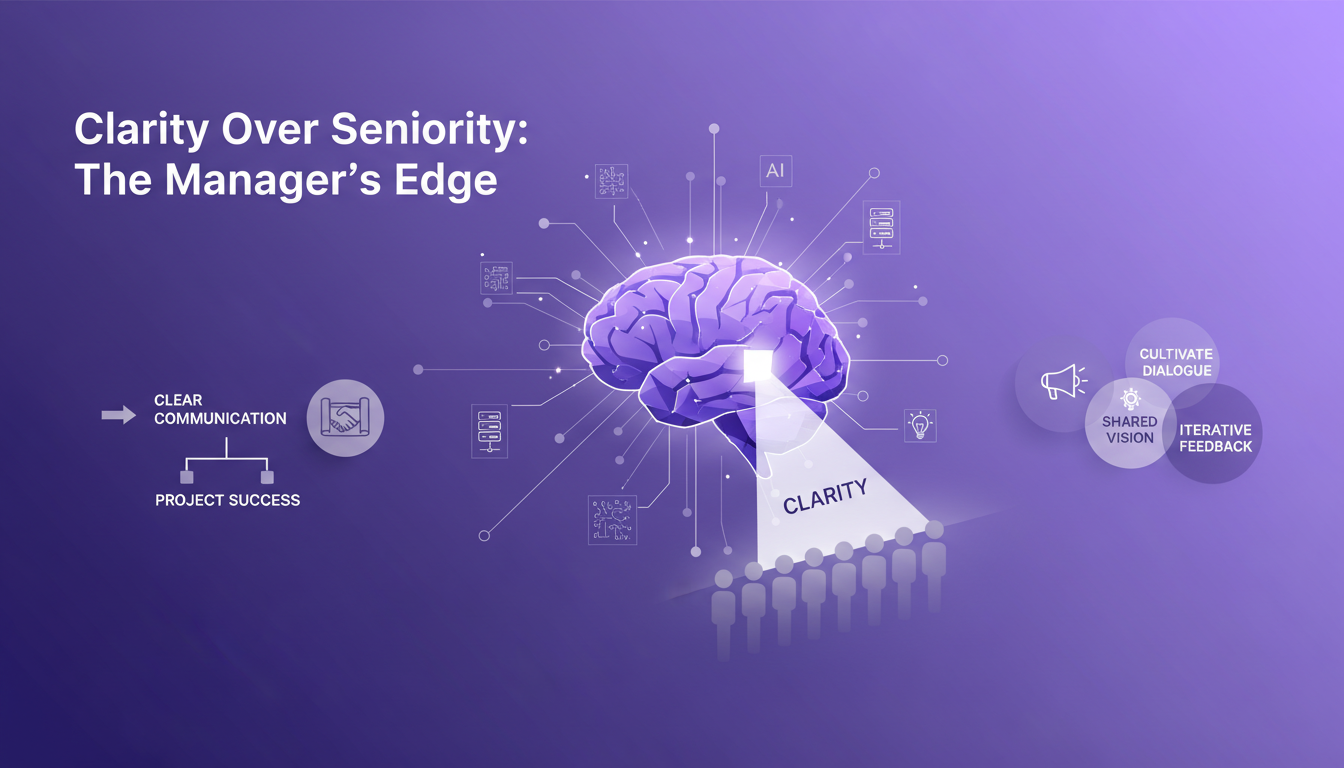 Modern illustration depicting clarity over seniority in management, featuring geometric shapes and violet gradients for a blog article.