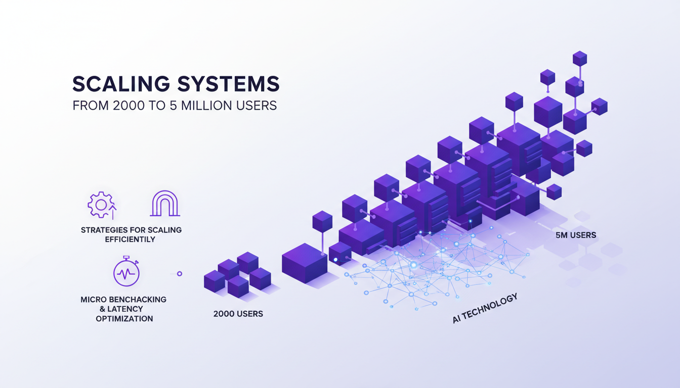 Modern illustration of scaling systems from 2000 to 5 million users, featuring architecture strategies and optimization techniques.