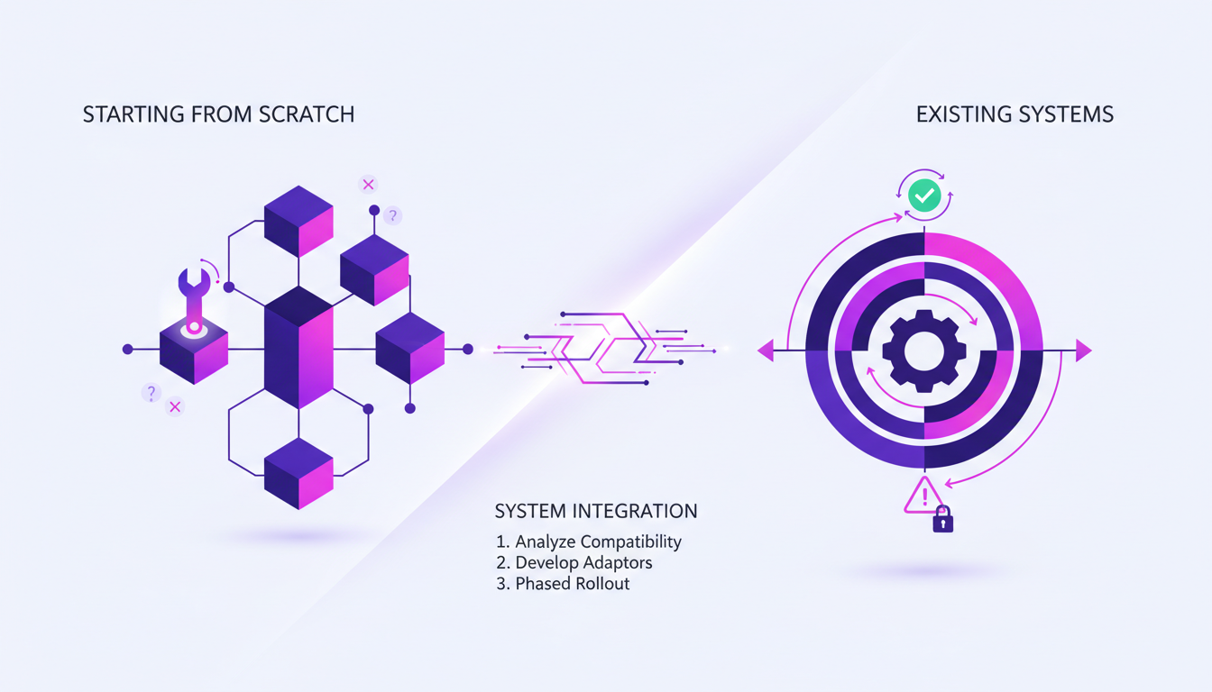 Modern AI systems illustration contrasting building from scratch vs. existing integration, featuring geometric shapes and gradients.