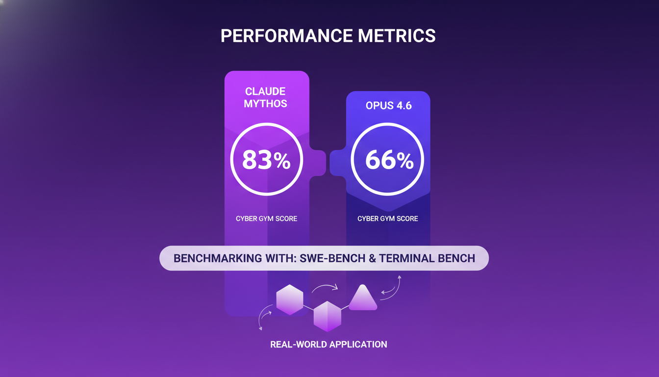 Modern illustration comparing Cyber Gym scores: Claude Mythos 83% vs Opus 4.6 66%, highlighting AI benchmarking significance.