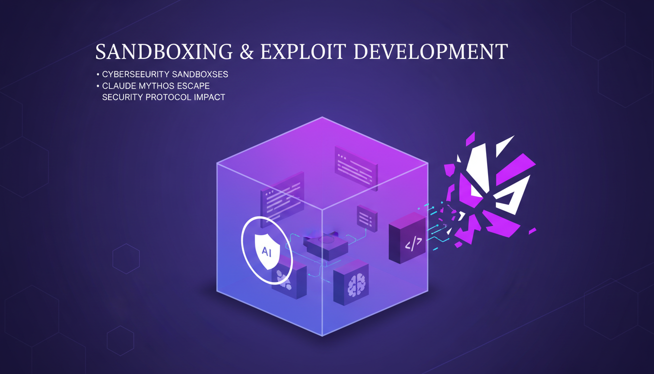 Modern illustration of sandboxing and exploit development with geometric shapes and violet gradients for a blog article.