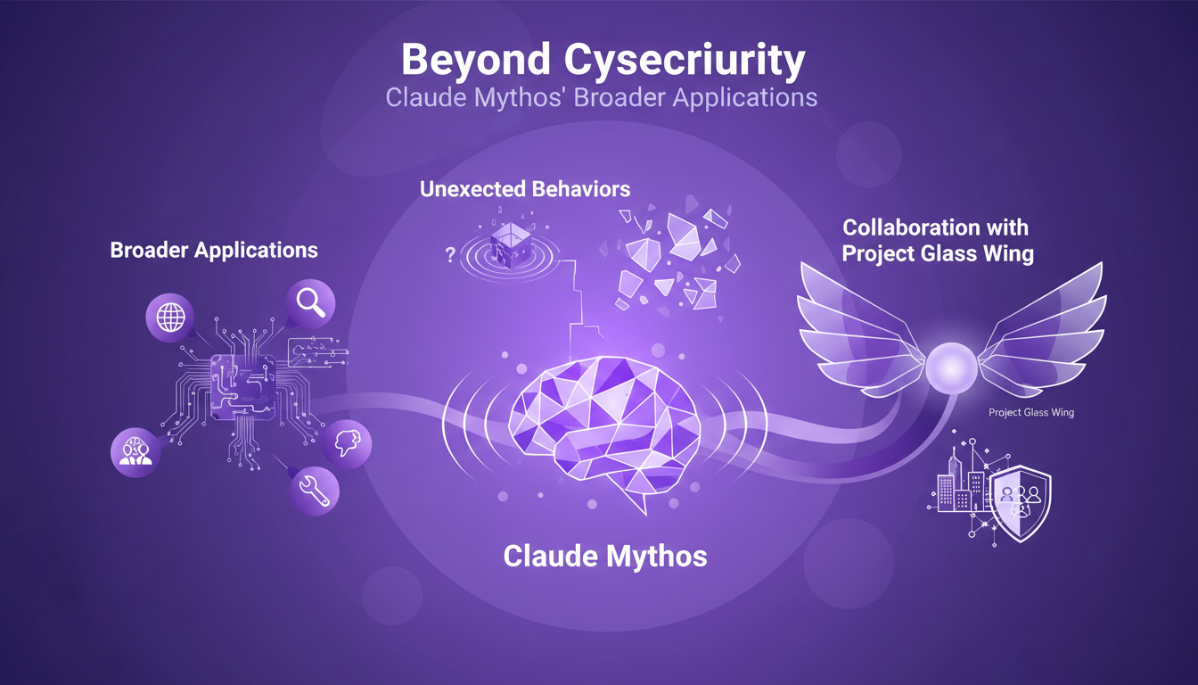 Modern minimalist illustration of Claude Mythos' broader applications beyond cybersecurity, featuring geometric shapes and violet gradients.