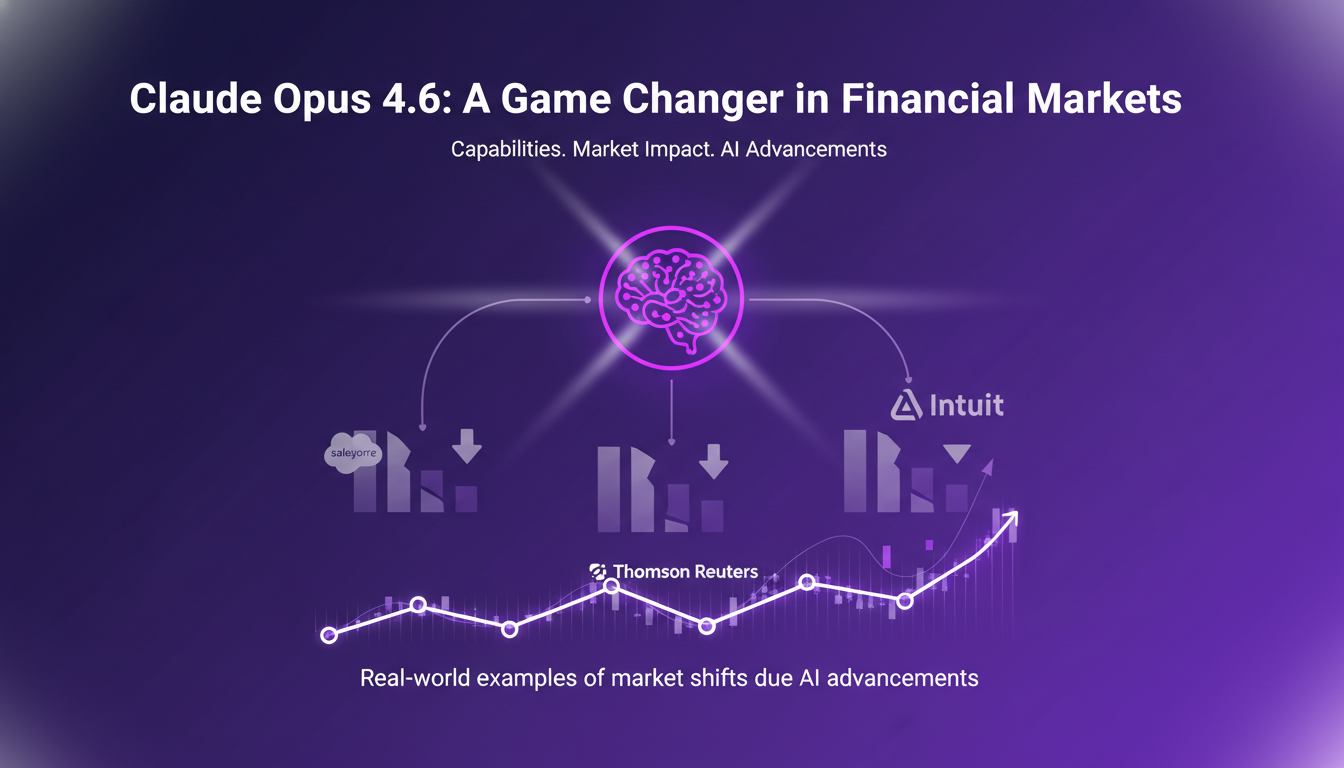 Modern illustration of Claude Opus 4.6, transforming financial markets with AI, affecting Salesforce, Thomson Reuters, Intuit.