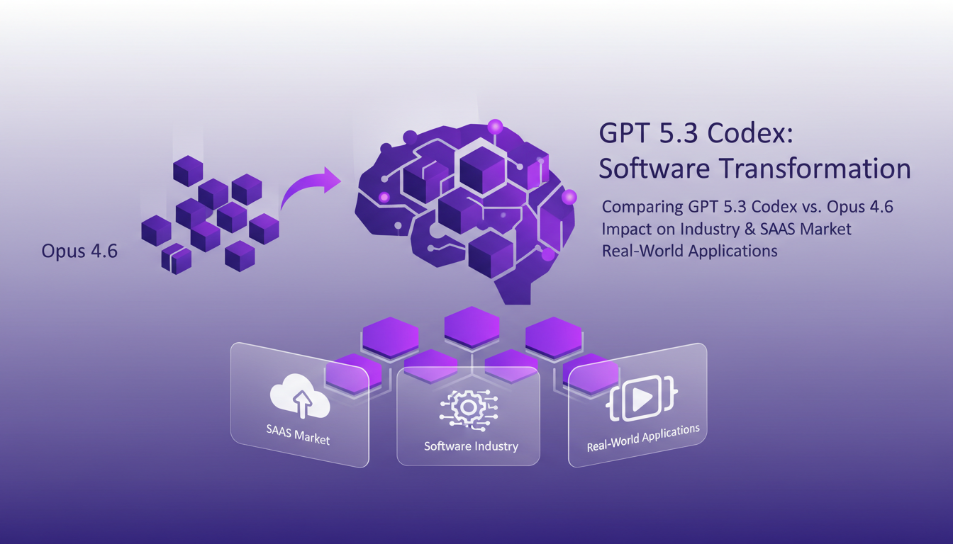 Modern illustration of GPT 5.3 Codex transforming software, comparing Opus 4.6, impact on SaaS industry, AI application.