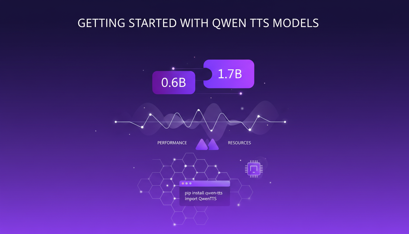 Modern minimalist illustration of Qwen TTS models, highlighting 0.6b and 1.7B models with geometric shapes and gradient overlays.