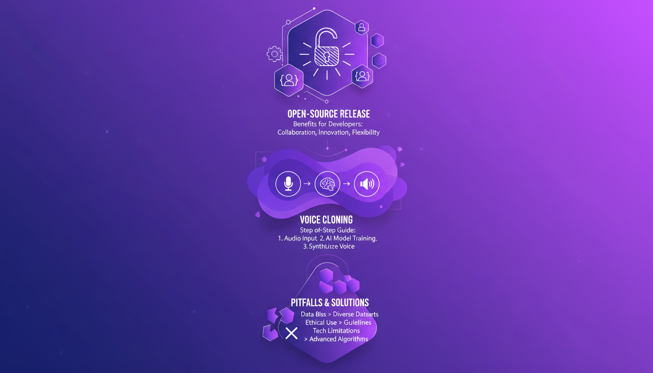 Modern illustration of open-source release and voice cloning, featuring geometric shapes and indigo-violet gradients.