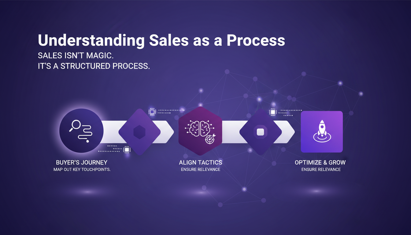 Modern illustration depicting the sales process, featuring geometric shapes and indigo and violet gradients.