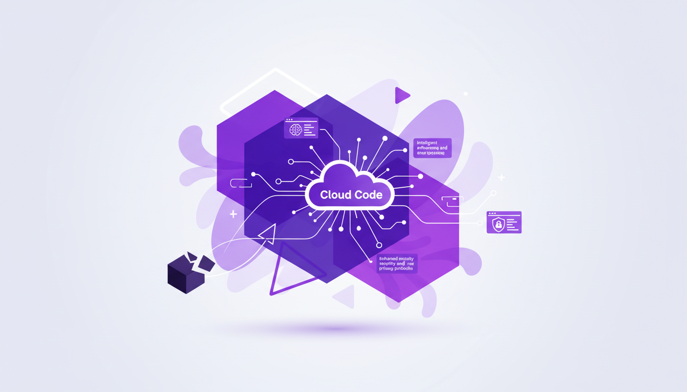 Illustration moderne et minimaliste sur l'avenir des outils de codage IA après une fuite, avec des formes géométriques et des dégradés violets.
