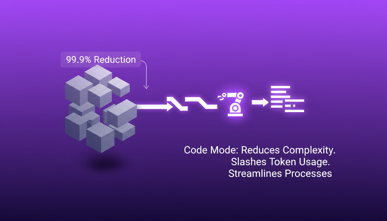 Modern illustration of Code Mode with geometric shapes and indigo-violet gradients, highlighting AI workflow efficiency and reduced complexity.