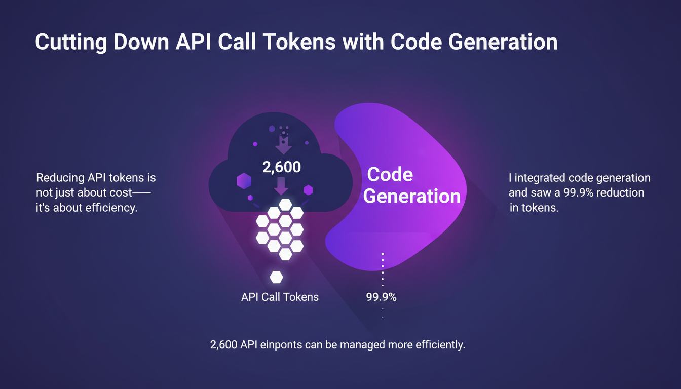 Modern illustration on reducing API call tokens with code generation, featuring geometric shapes and gradients, highlighting efficiency.