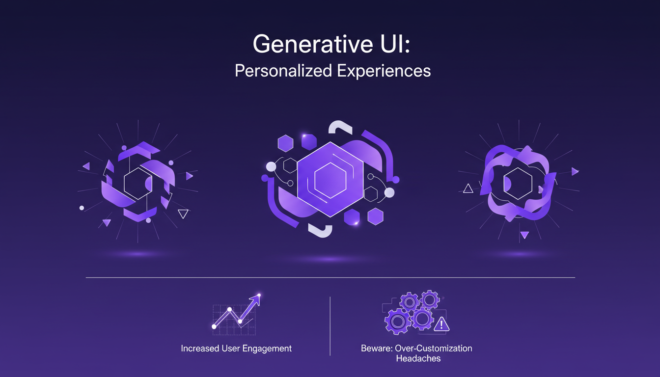 Modern illustration of Generative UI and personalized software development with geometric shapes and violet gradients.