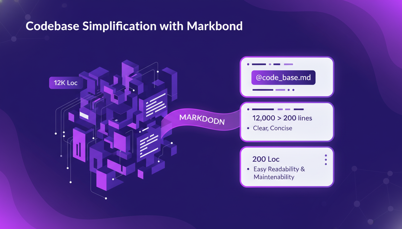 Illustration moderne montrant la simplification d'une base de code de 12K à 200 LoC avec Markdown, améliorant lisibilité et maintenance.