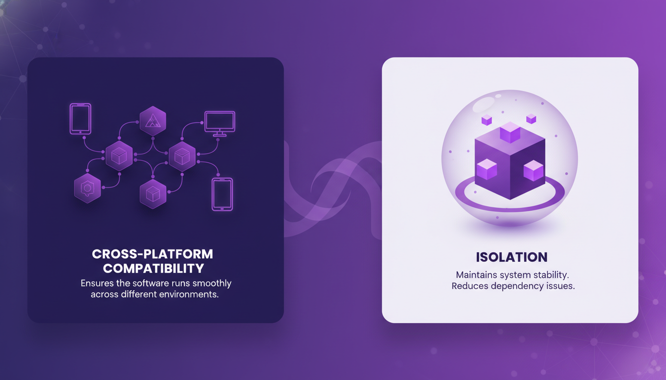 Illustration moderne de compatibilité multiplateforme et isolation, avec formes géométriques et dégradés indigo et violet.