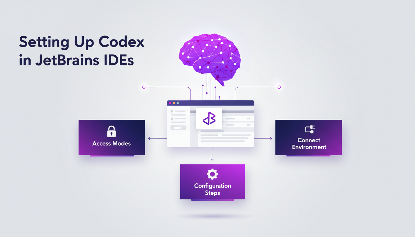 Modern illustration of setting up Codex in JetBrains IDEs, highlighting initial steps and pitfalls, using indigo and violet palette.