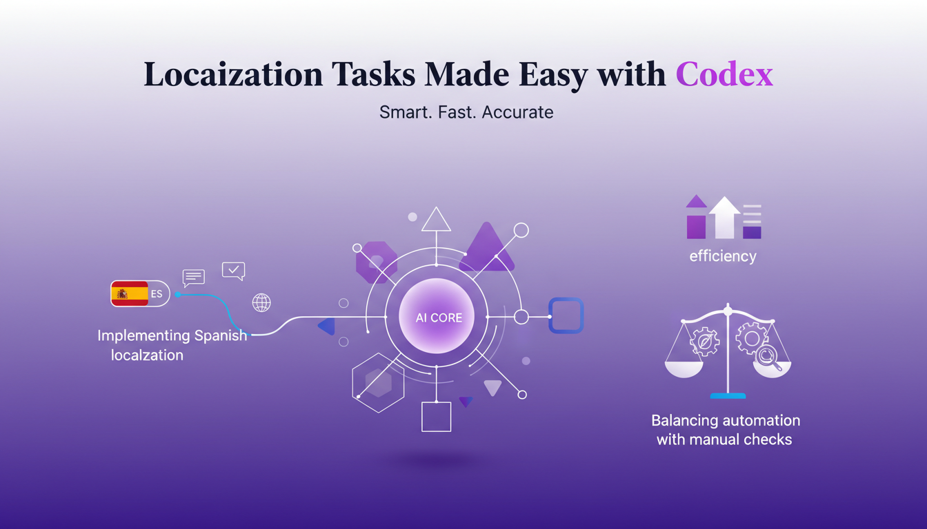 Modern illustration of Spanish localization with Codex, showcasing AI efficiency in localization tasks, with geometric shapes and gradients.