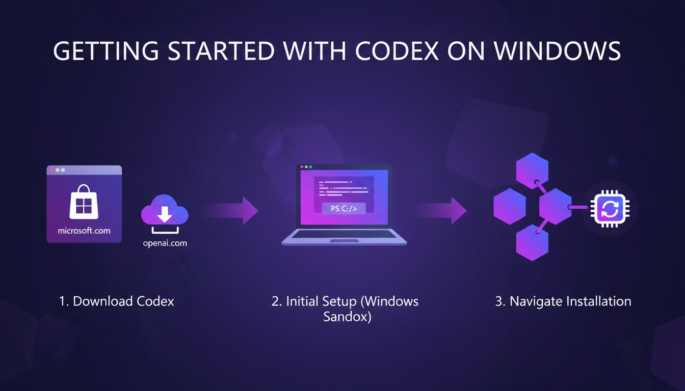 Modern illustration of setting up Codex on Windows using PowerShell, featuring indigo and violet gradients, minimalist style.