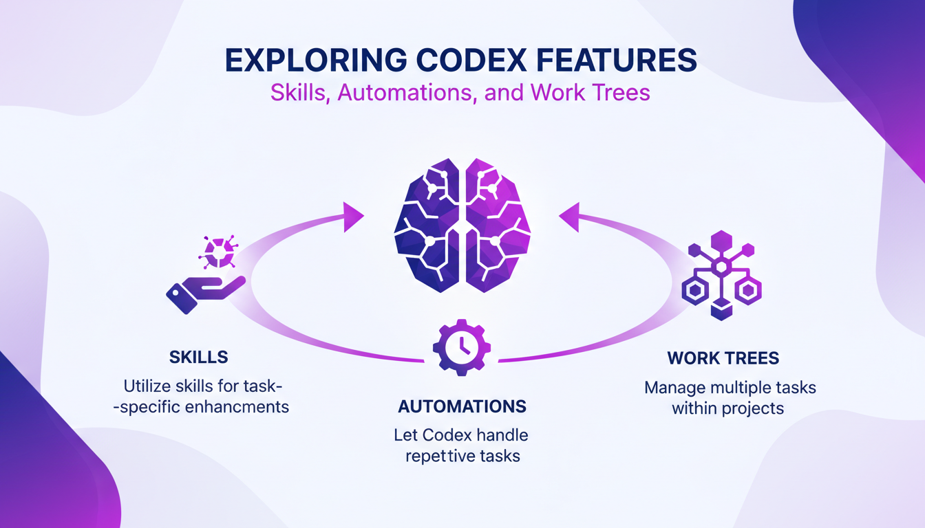 Modern illustration of Codex features: skills, automations, work trees, with geometric shapes and gradients, in deep indigo and violet.