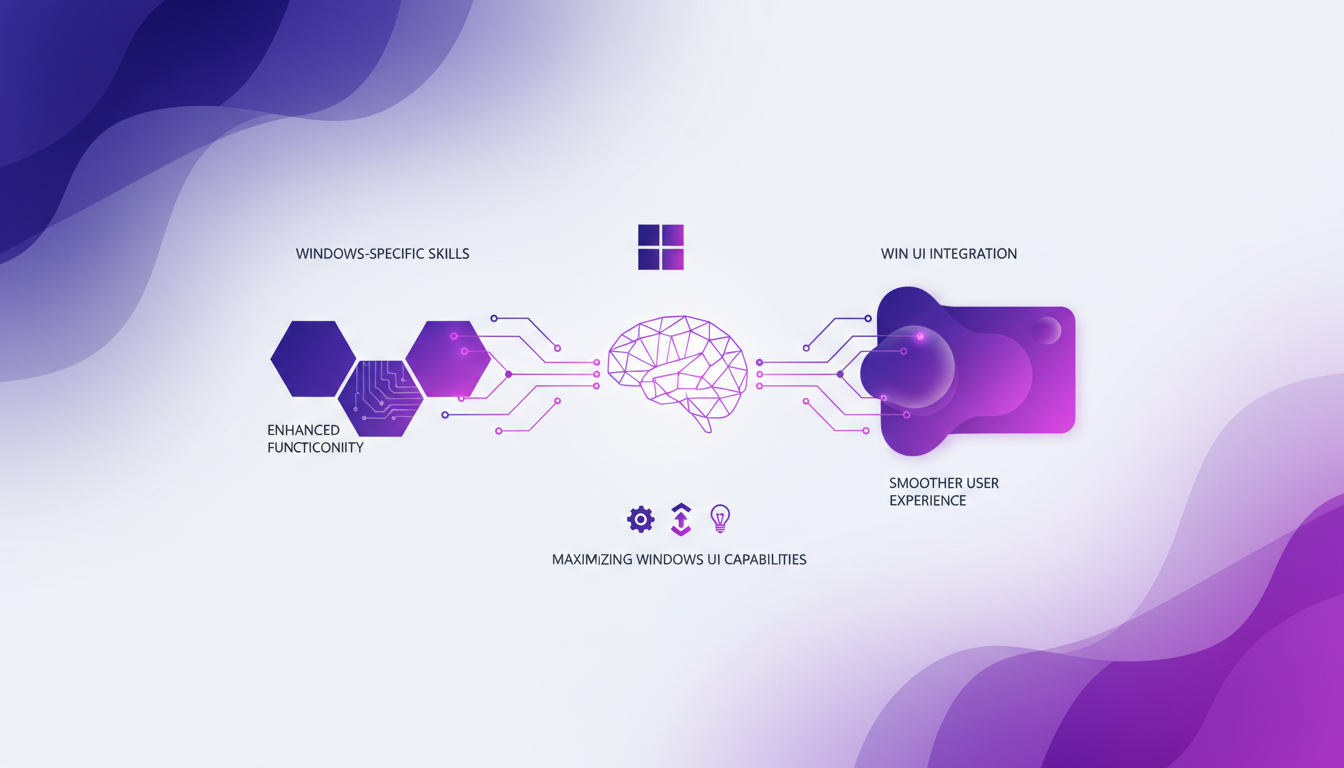 Modern illustration of Windows-specific skills and Win UI integration, highlighting innovative concepts with an indigo and violet palette.