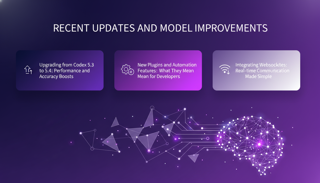Illustration moderne de mises à jour récentes et améliorations de modèle, intégrant Websockets et plugins pour développeurs, avec des dégradés indigo et violet.