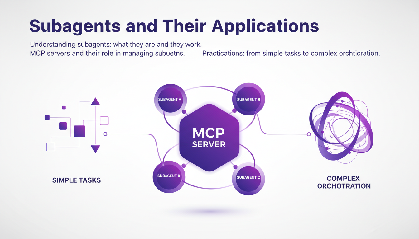 Illustration moderne représentant les sous-agents et leurs applications avec des formes géométriques et des dégradés indigo et violet.