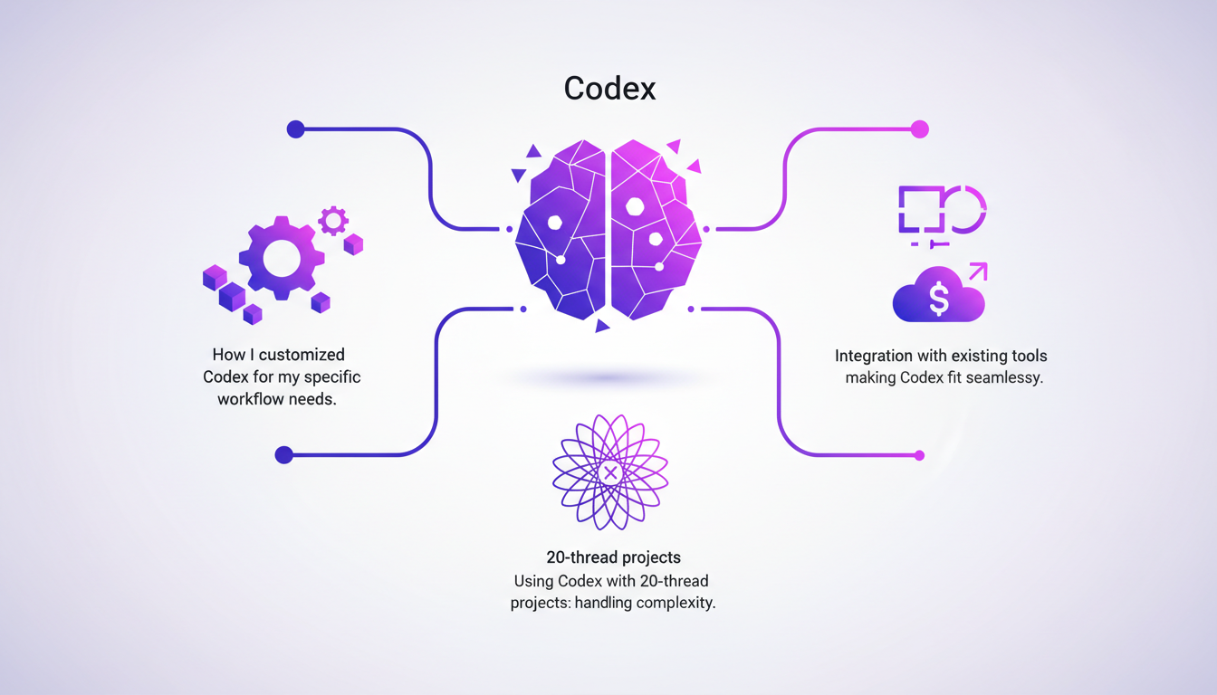 Illustration moderne montrant l'intégration et la personnalisation de Codex, avec des formes géométriques et des dégradés violets.