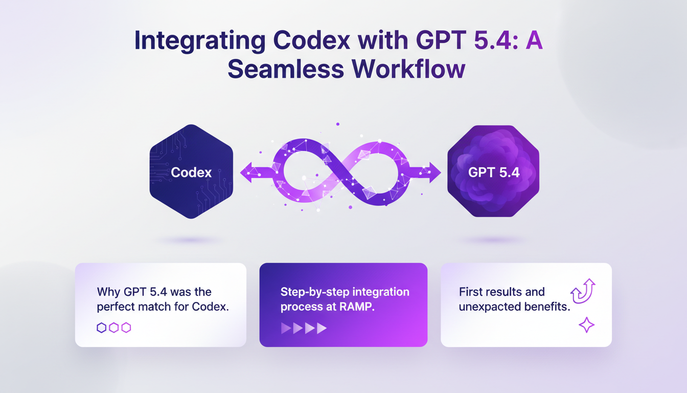 Modern illustration of integrating Codex with GPT 5.4, depicting a seamless workflow with geometric shapes and indigo gradients.