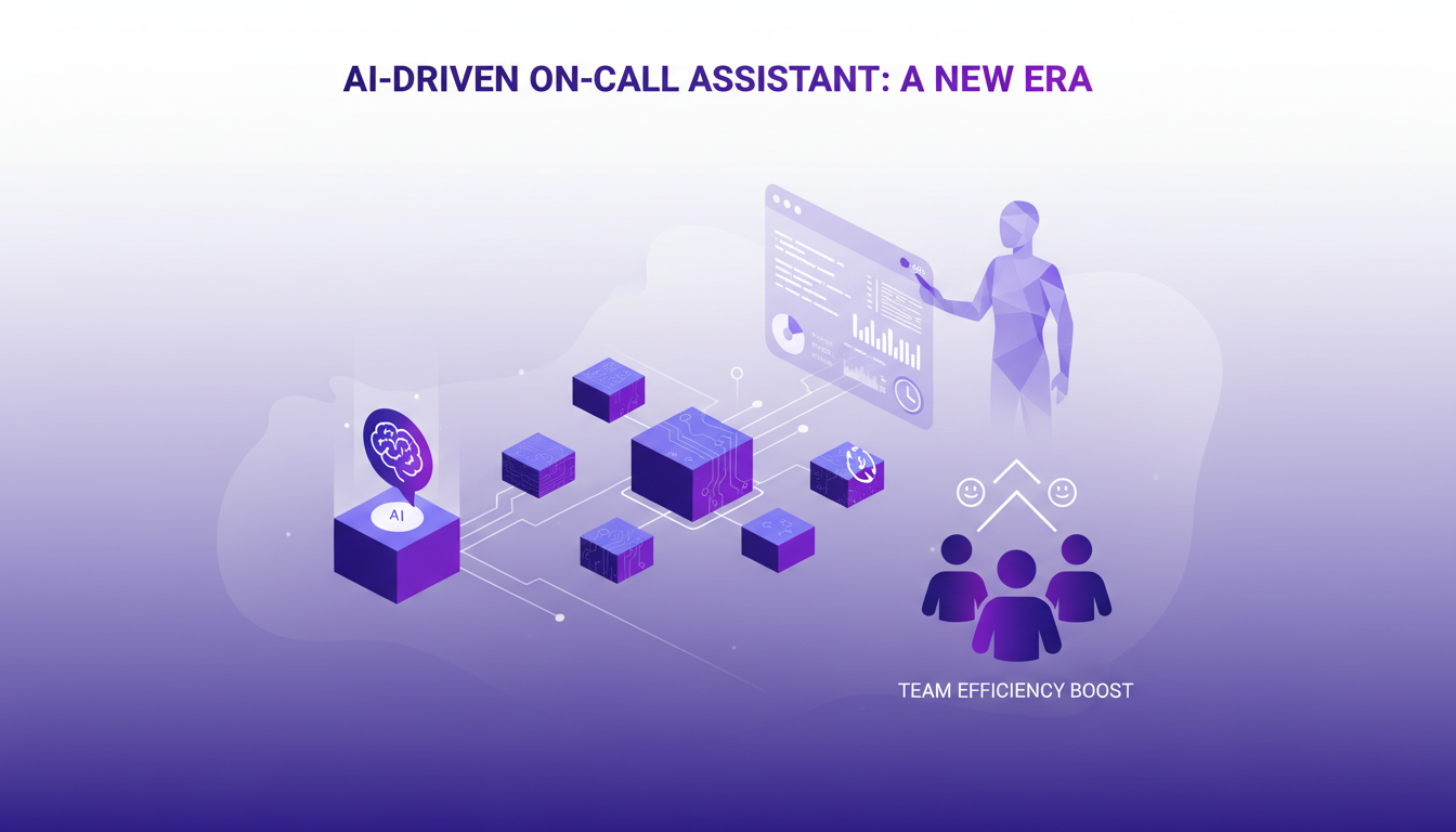 Modern illustration of AI-driven on-call assistant aiding engineers in real-time, boosting team efficiency and morale.