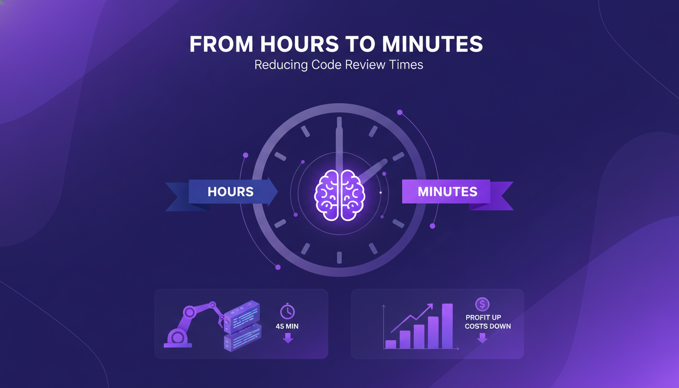 Modern illustration depicting reduced code review times with AI, featuring geometric shapes and violet gradients, highlighting efficiency.