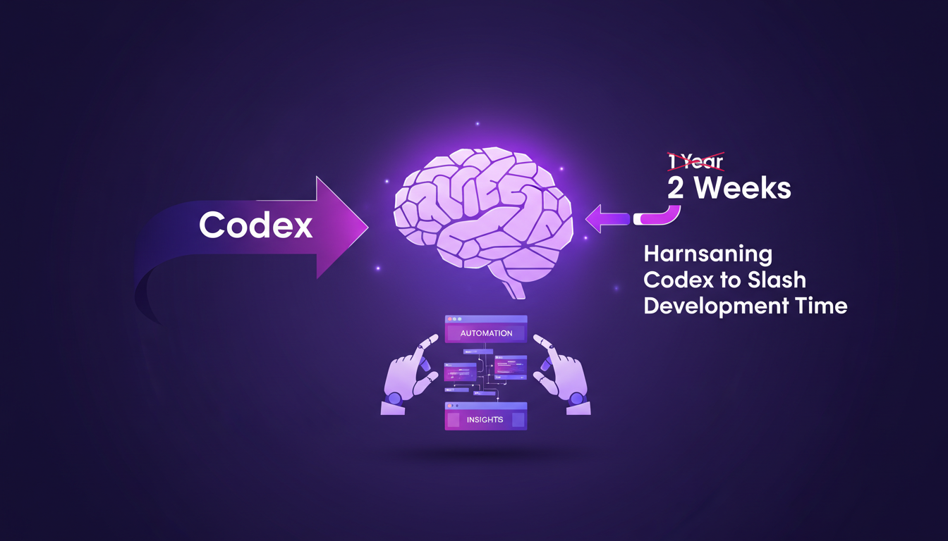 Illustration moderne de Codex réduisant le temps de développement JavaScript de un an à deux semaines, avec des formes géométriques et des dégradés.