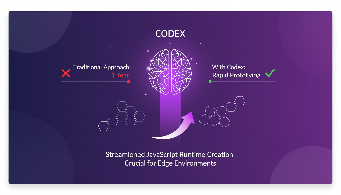 Illustration moderne d'un runtime JavaScript pour le edge computing, utilisant Codex pour un prototypage rapide, style minimaliste.