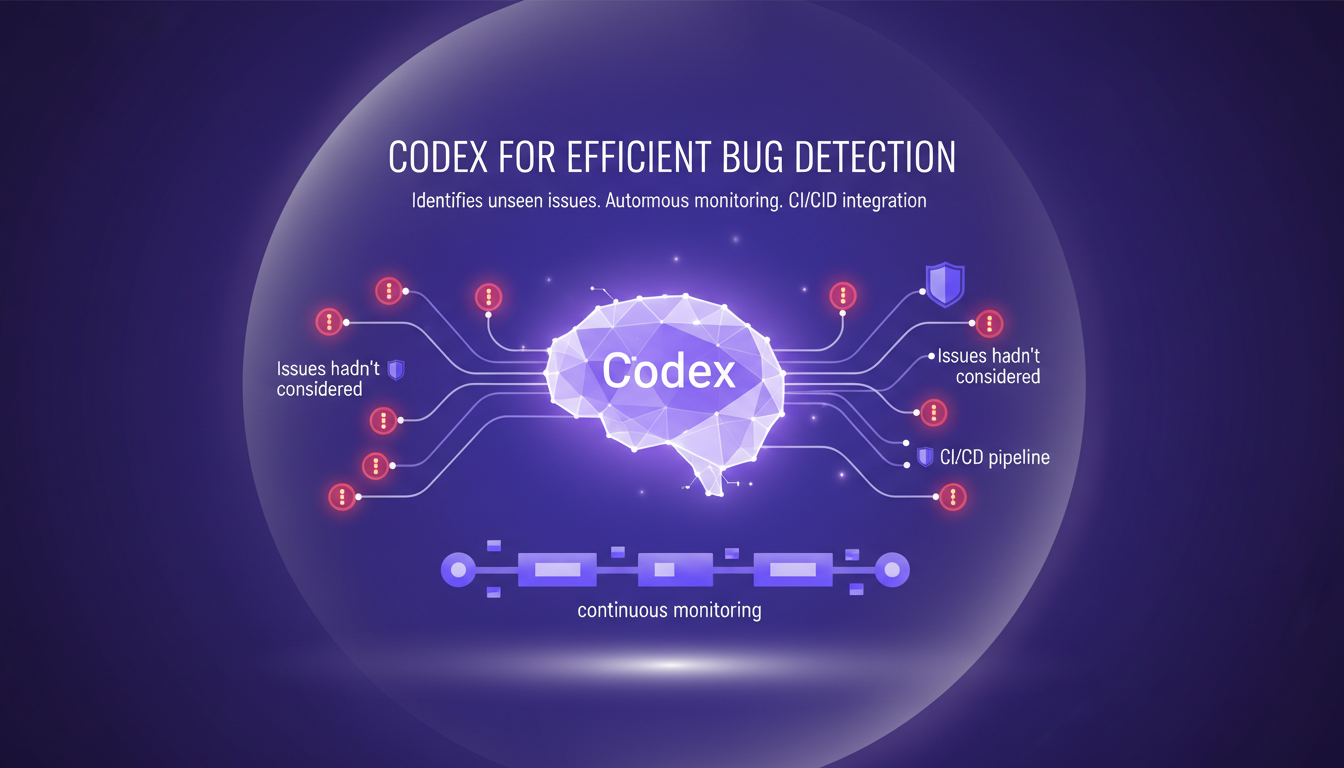 Illustration moderne de Codex détectant des bugs, intégrée dans un pipeline CI/CD, utilisant des formes géométriques et des dégradés violets.