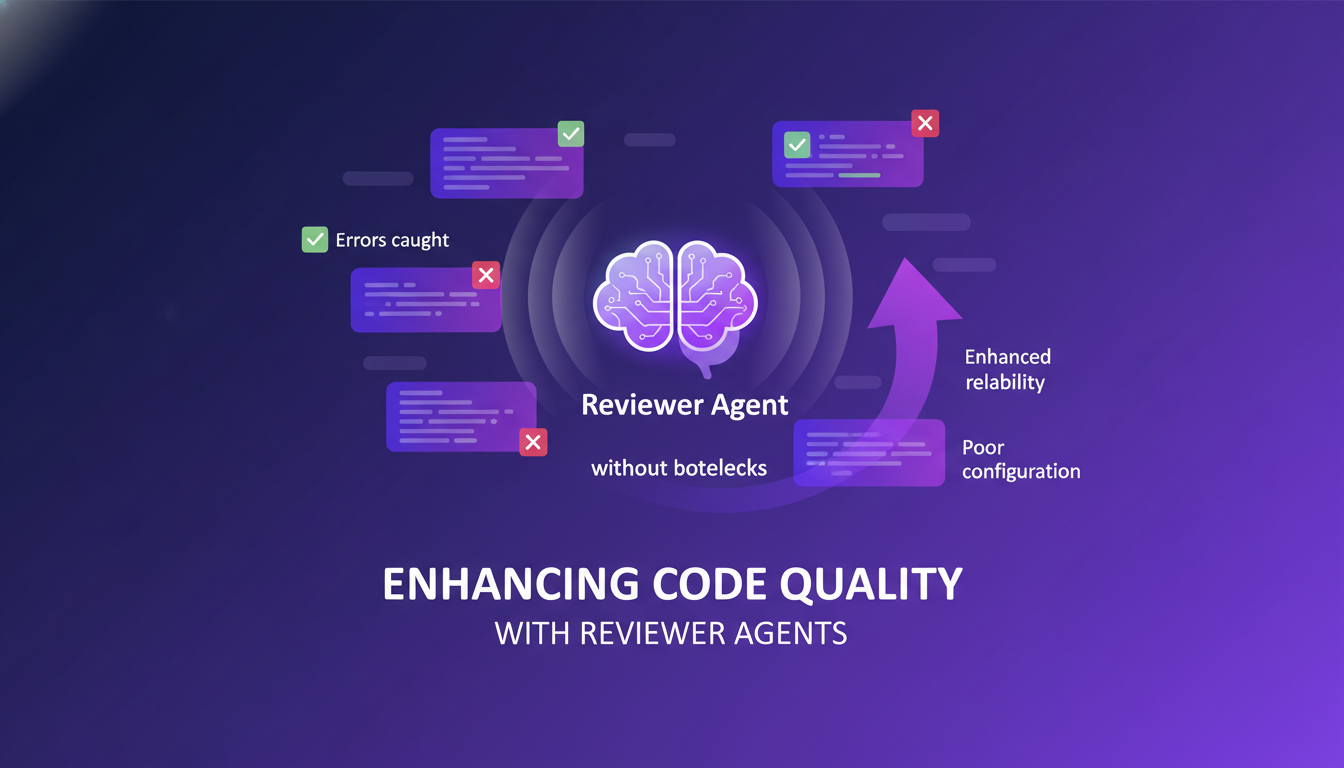 Modern illustration of code quality enhancement using reviewer agents, leveraging AI to catch errors, featuring geometric shapes and gradient overlays.