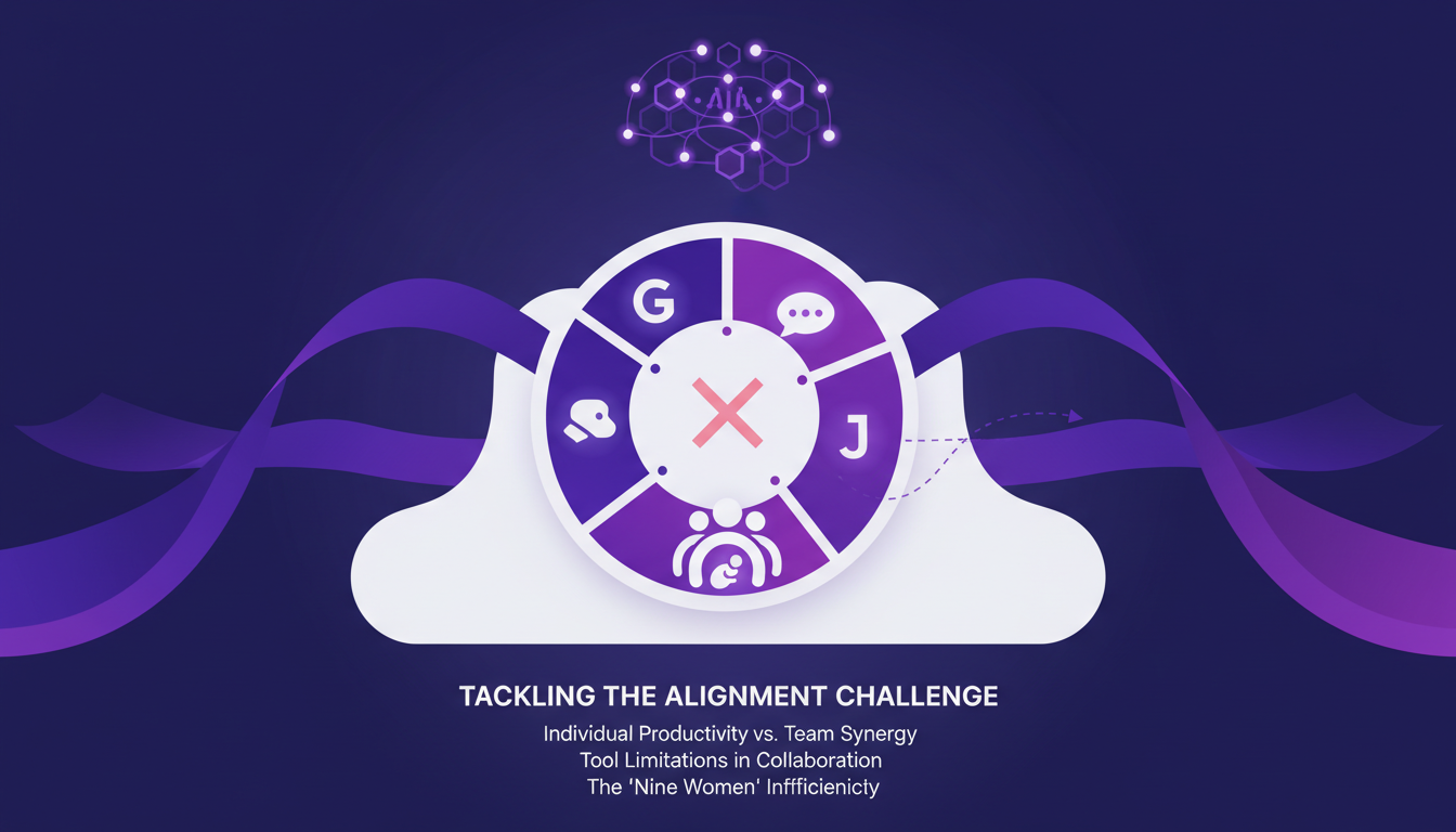 Modern illustration on the alignment challenge, highlighting inefficiencies of current tools like GitHub in collaborative environments.