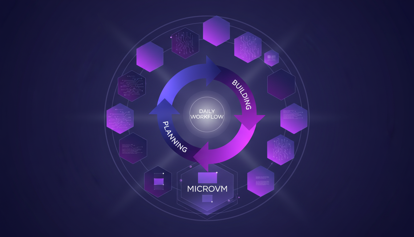 Modern illustration of continuous planning and building cycle with MicroVM integration, featuring geometric shapes and indigo gradients.