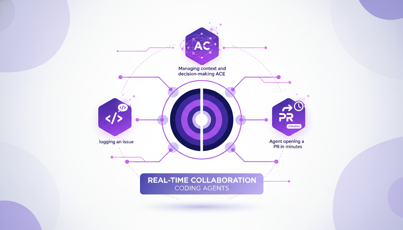 Modern illustration of real-time collaboration with coding AI agents, featuring geometric shapes and indigo, violet color palette.