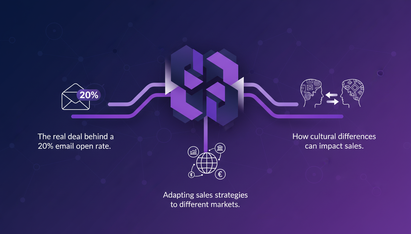 Modern illustration of sales strategies and challenges, featuring geometric shapes and violet gradients, highlighting cultural impact on sales.