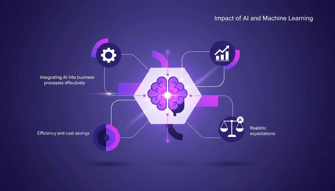 Modern illustration of AI and machine learning impact on business efficiency, showcasing technological integration and innovation.