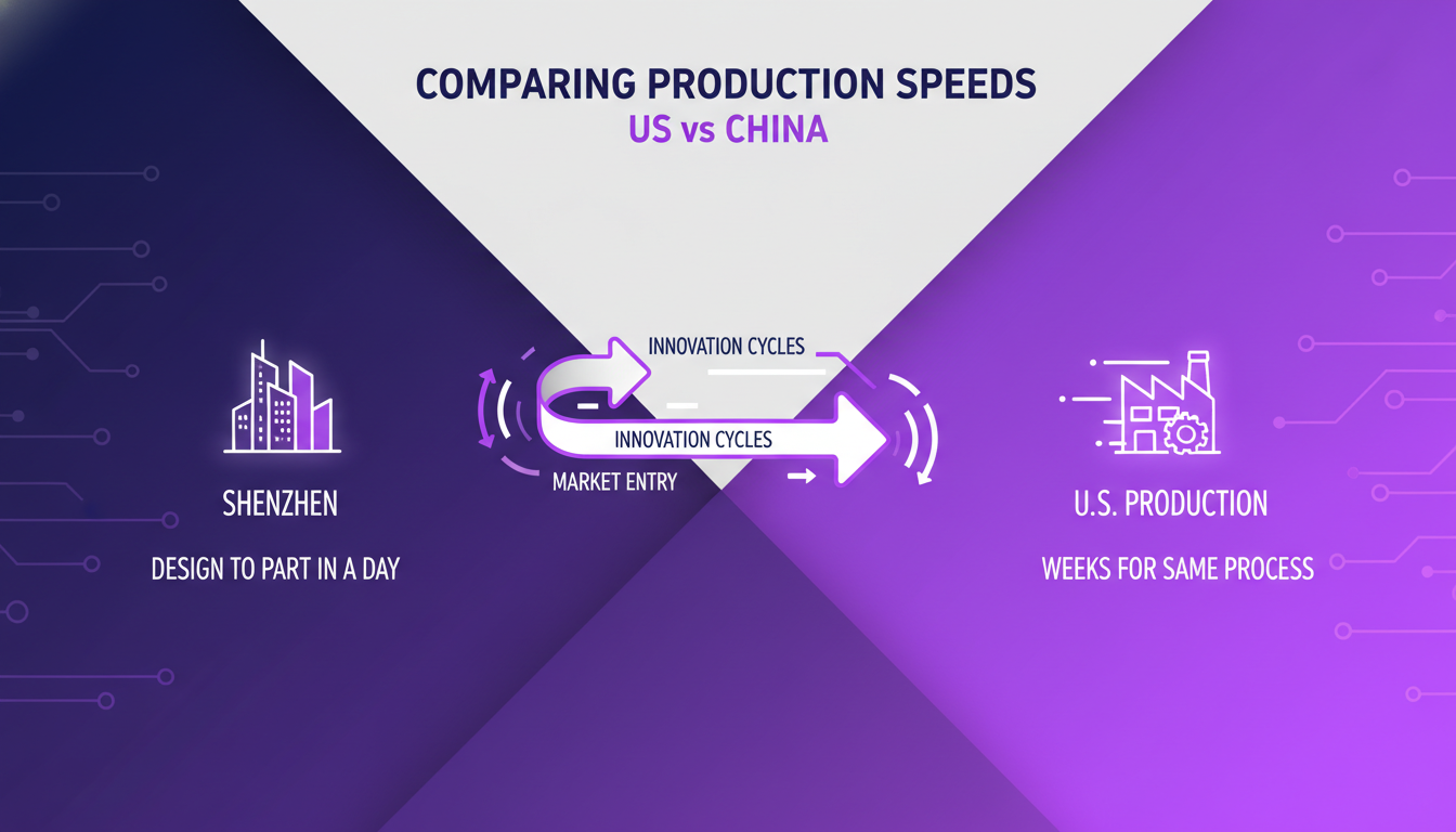 Modern illustration comparing US vs China production speeds, highlighting impact on innovation and market entry.