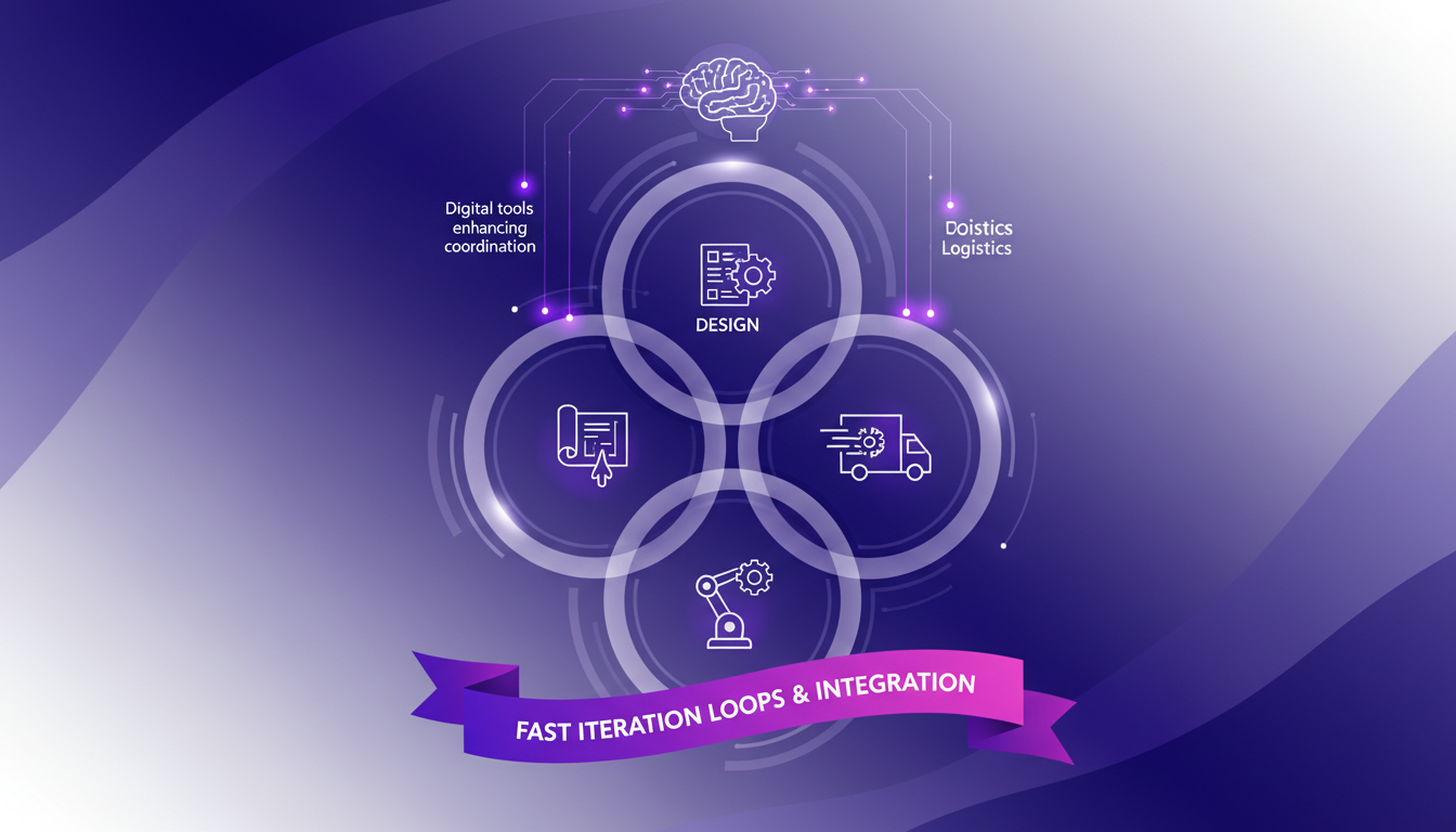 Modern illustration of the future with fast iteration loops and integration, using digital tools to enhance coordination and reduce delays.