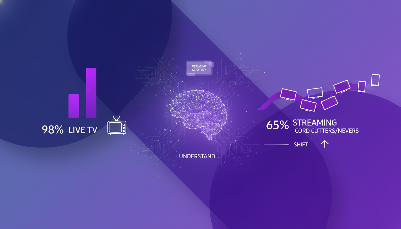Modern illustration depicting audience composition and viewing habits, featuring geometric shapes and violet gradients, highlighting AI tech.